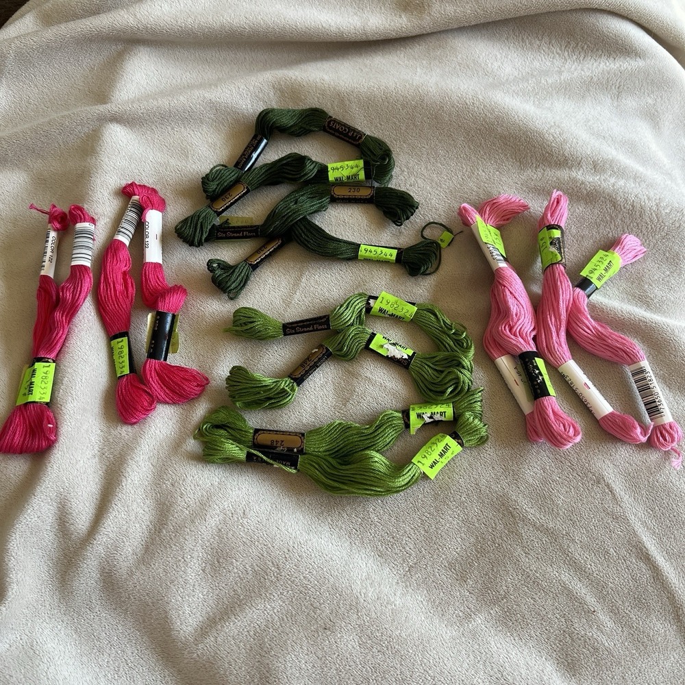 Embroidery Thread Lot 16 Skeins J &‎ P Coats Green And Pinks Made In USA